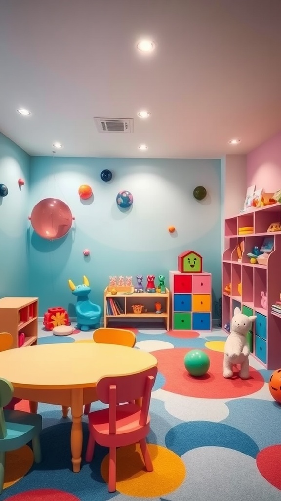 Colorful children's playroom featuring Aqua Sphere walls and vibrant decor.