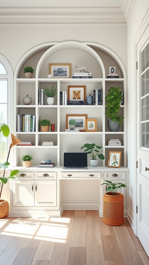 A beautifully designed home office featuring arch built-in shelving, a desk, and decorative plants.