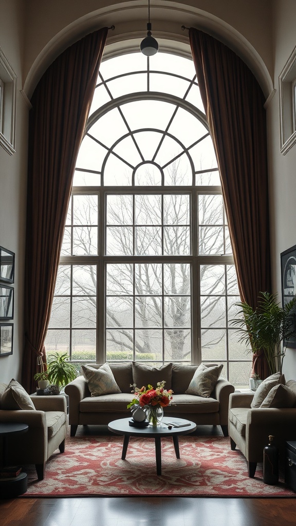 Living room with arched windows and velvet drapes, featuring cozy seating and floral decor.