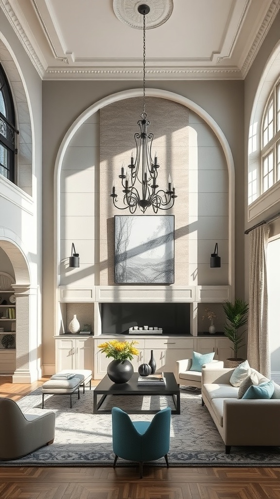 A living room featuring high ceilings with arches, a chandelier, and a blend of Mediterranean and Gothic design elements.