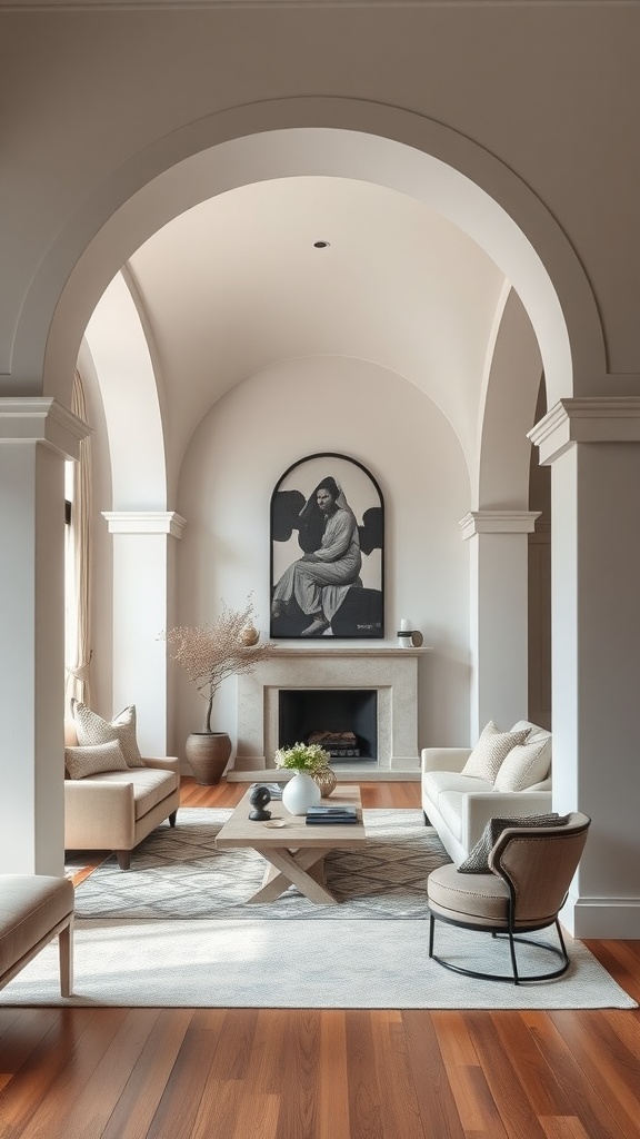 Elegant living room with an archway, featuring Mediterranean and Gothic design elements.