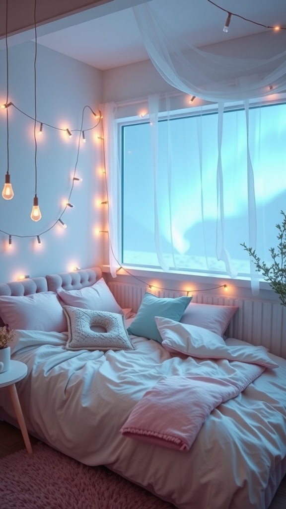 Cozy bedroom with pastel colors, boho fairy lights, and airy curtains