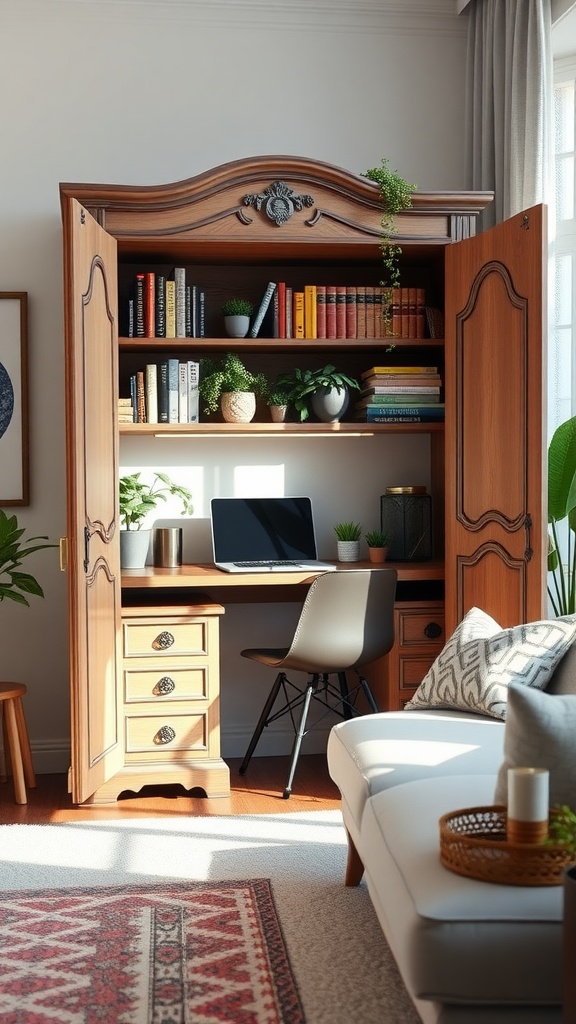 An armoire home office setup with books, plants, and a desk in a cozy living room
