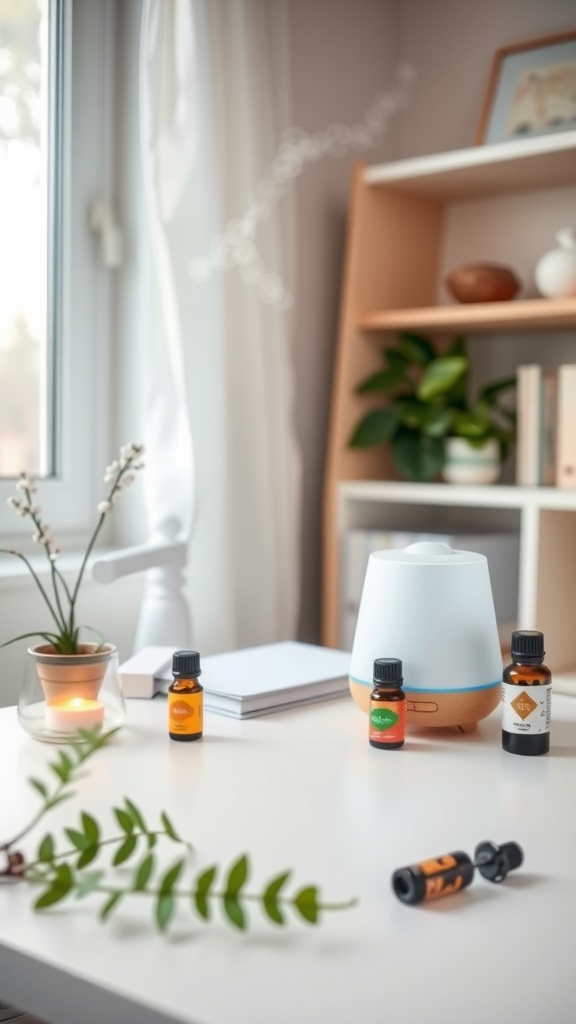 Aromatherapy station with diffuser and essential oils on a desk