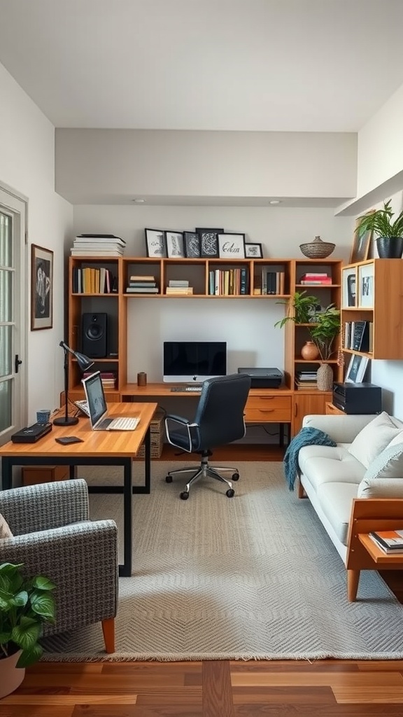 A bright and organized home office featuring a desk, a comfortable chair, and a well-arranged bookshelf.