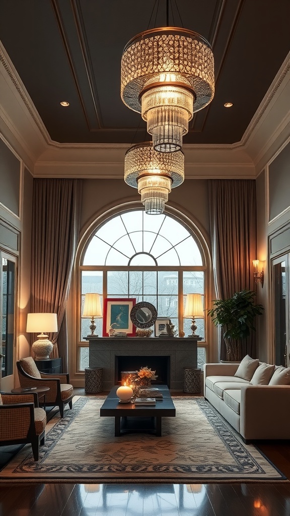 A luxurious living room featuring Art Deco-inspired chandeliers and contemporary furniture.