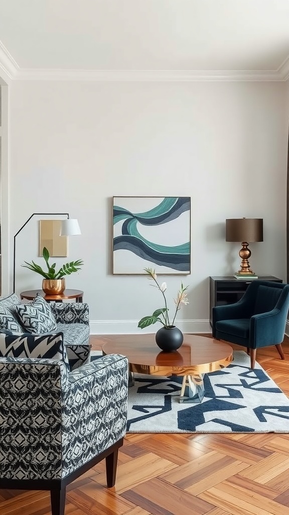 A modern living room featuring Art Deco and contemporary design elements, with patterned furniture, a wooden coffee table, and abstract wall art.