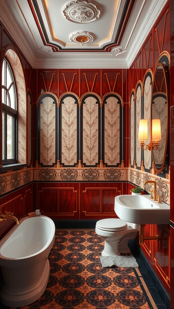 A bathroom featuring Art Deco design with rich red walls, intricate flooring, and elegant lighting.