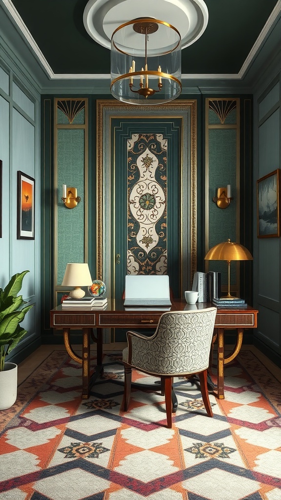 Art Deco style feminine home office with teal walls, elegant desk, and stylish accessories