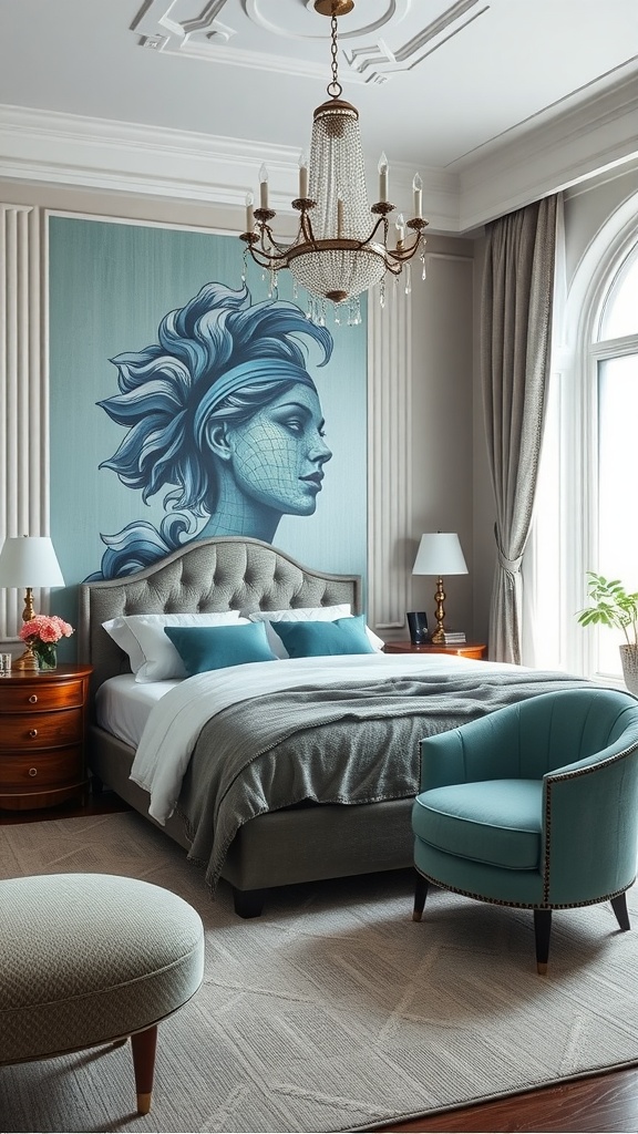 A stylish bedroom featuring Art Deco elements with grey and teal color scheme, including a striking wall art, chandelier, and cozy furnishings.