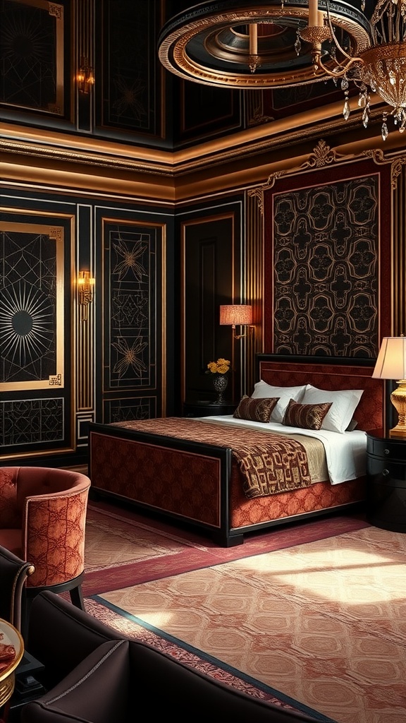 Art Deco master bedroom featuring geometric patterns and rich fabrics with a luxurious atmosphere.