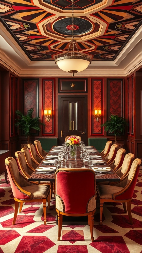 Luxurious Italian dining room with Art Deco influence featuring a bold ceiling design and elegant furniture.