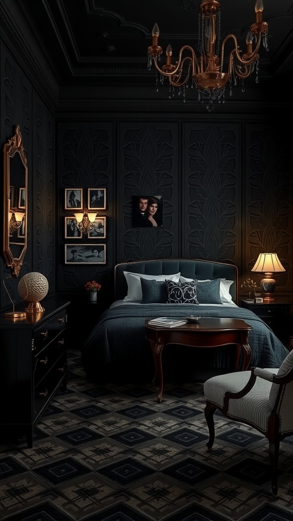 An Art Deco inspired dark bedroom featuring black walls, elegant furniture, and a luxurious chandelier.