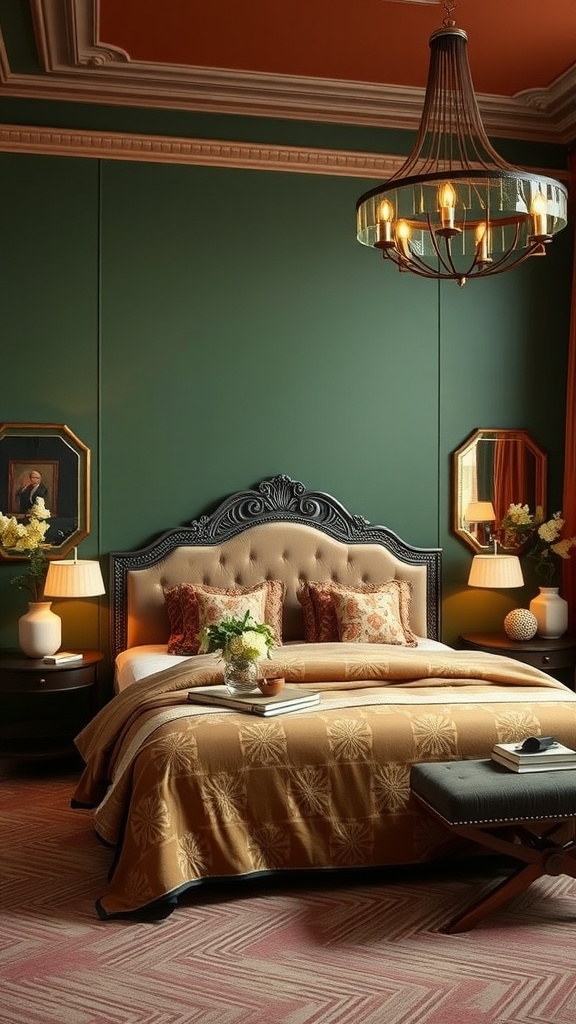 Art Deco inspired bedroom with green walls and terracotta ceiling, featuring a tufted bed, decorative pillows, and warm lighting.