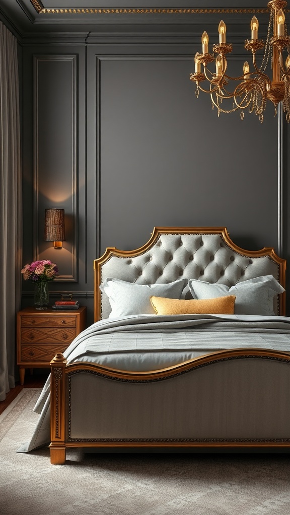 Art deco inspired grey bedroom featuring a tufted bed, golden accents, and elegant lighting