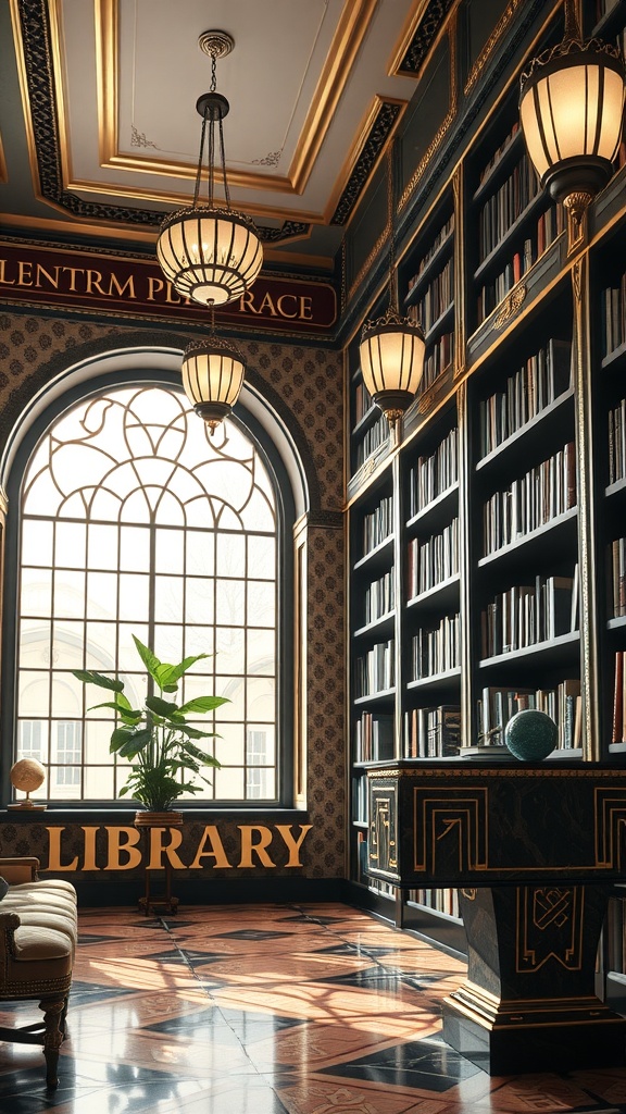 An elegant Art Deco inspired library featuring tall bookshelves, golden accents, and a cozy reading corner.