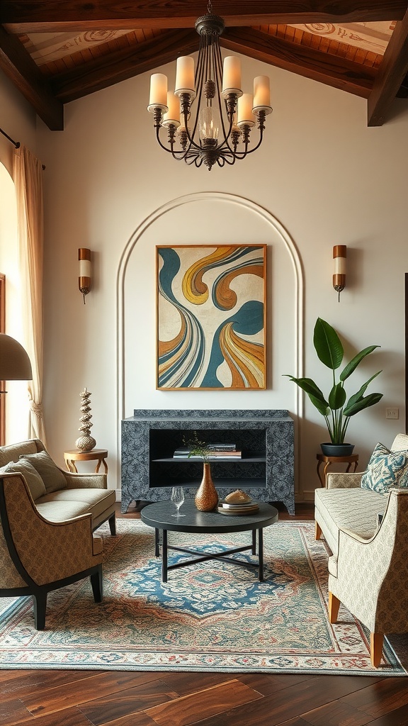 A cozy living room featuring a blend of Art Deco and Mediterranean design elements, with stylish furniture, a striking piece of artwork, and a warm atmosphere.