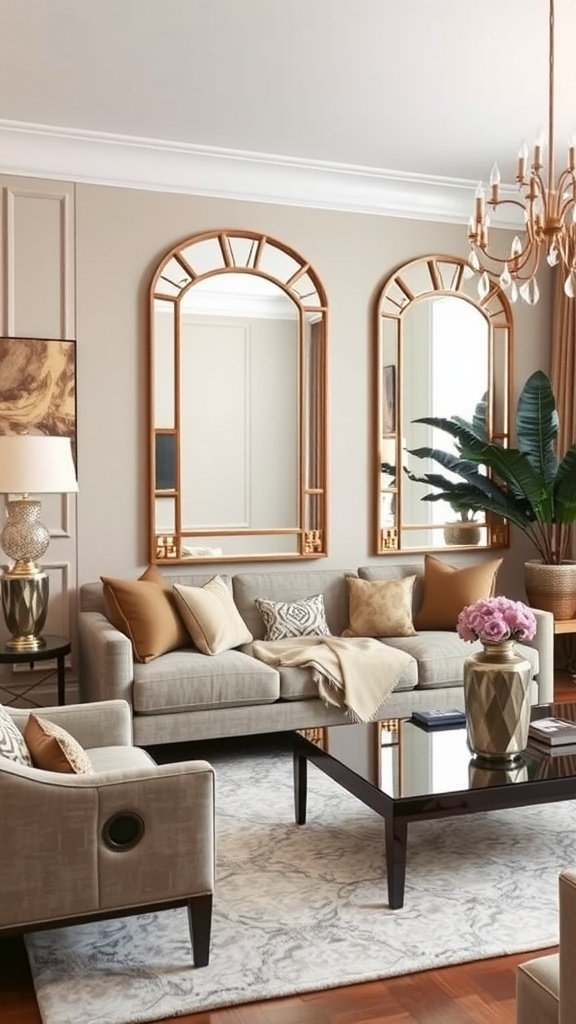 A stylish living room featuring Art Deco mirrors that add depth, with a cozy sofa and elegant decor.