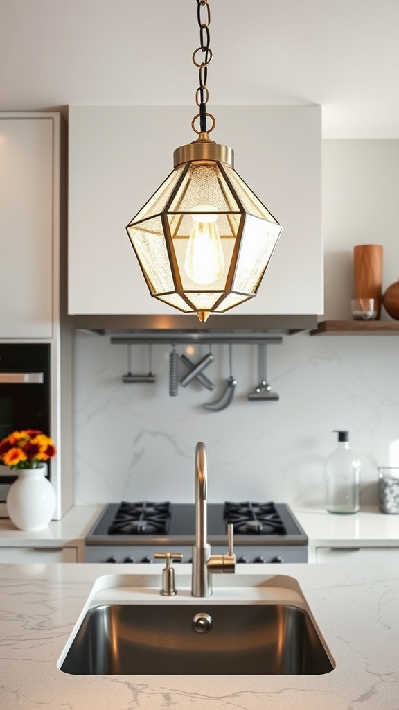 Art Deco style pendant light above a modern kitchen sink.