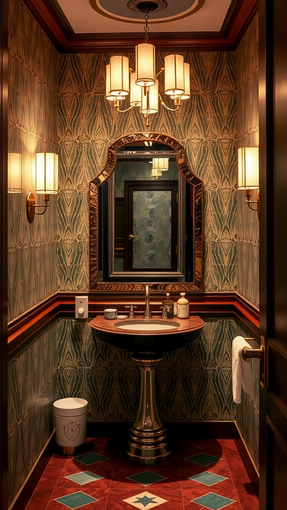 An elegant Art Deco powder room with patterned wallpaper, stylish lighting, and a classic sink.