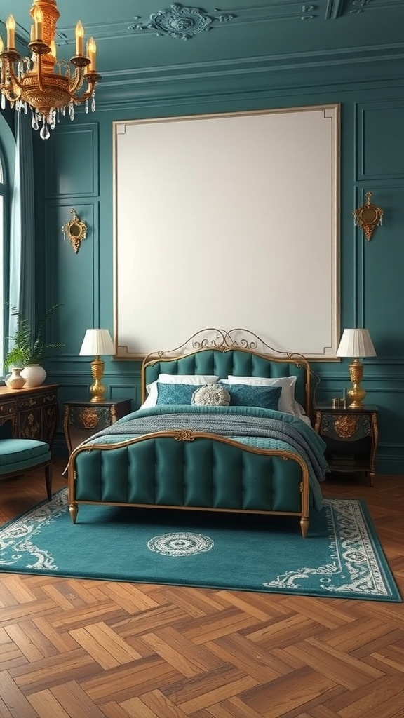 A cozy Art Deco bedroom featuring a teal theme with a tufted bed, golden accents, elegant lamps, and a patterned rug.