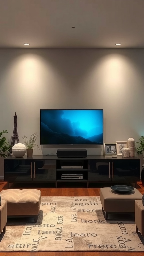 A modern living room with an integrated TV display featuring art elements.