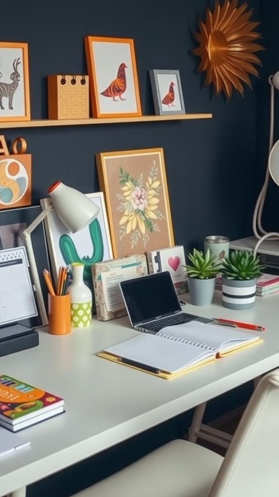 A stylish home office desk with colorful art and accessories, set against a dark wall.