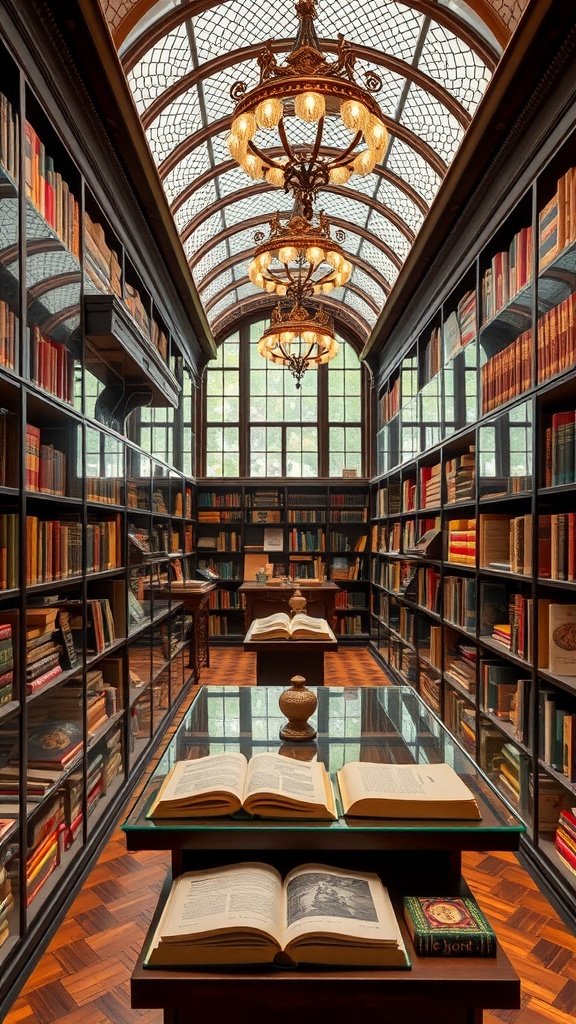 A beautifully designed home library featuring tall shelves filled with colorful books, glass display tables with open books, and elegant chandeliers.