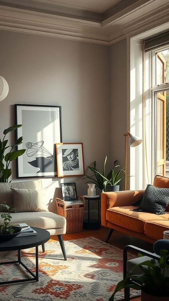 A stylish living room with a mix of dark palette, art displays, and cozy furniture