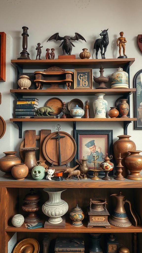 A shelf filled with various antique and vintage curiosities, including figurines, vases, and books, creating a dark academia aesthetic.