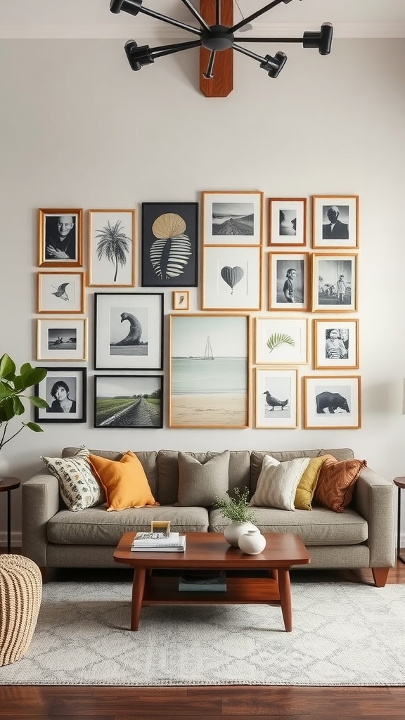A cozy living room with a gallery wall featuring various framed artworks and photographs