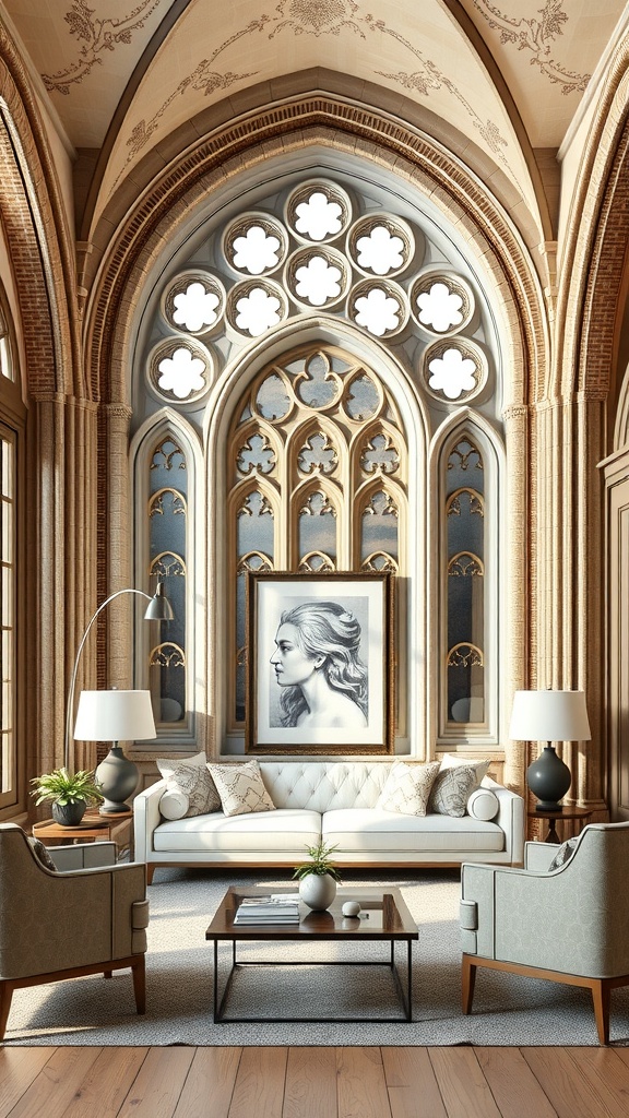 A modern living room featuring gothic arches, a white couch, and contemporary decor.