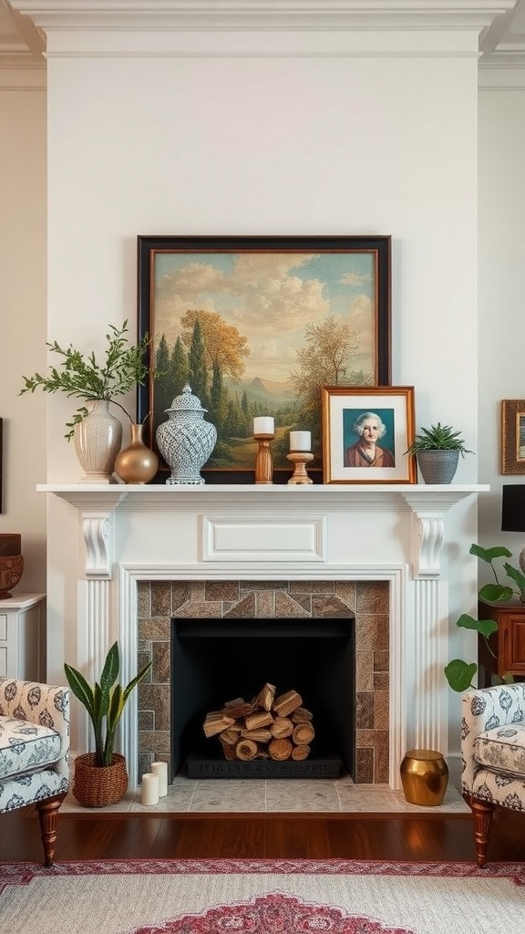 A beautifully styled mantel with a landscape painting, decorative vases, and stacked logs, surrounded by plants in a cozy living room.