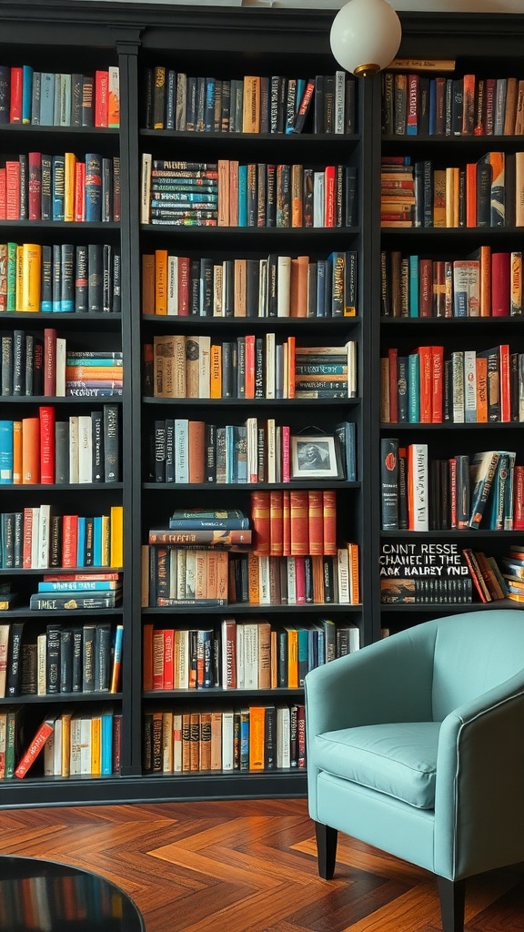 A well-organized bookshelf filled with colorful books, accompanied by a cozy chair