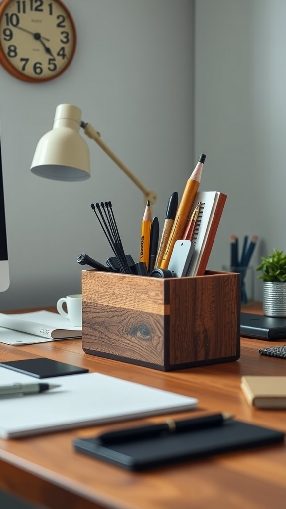 A wooden desk organizer holding pens and pencils in a masculine home office setting.