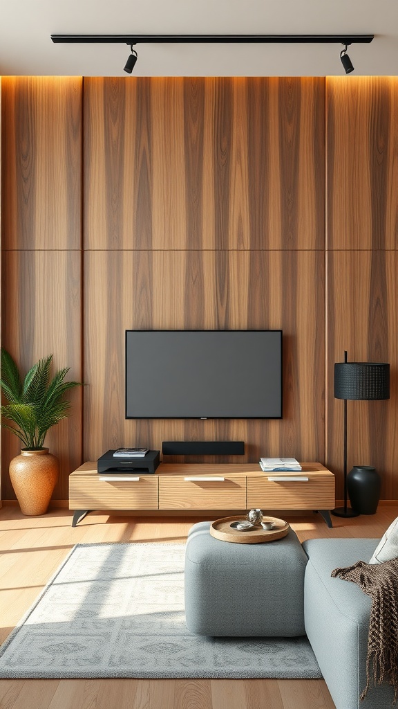 A modern living room featuring an artisan crafted wood wall with a mounted TV, stylish furniture, and warm lighting.