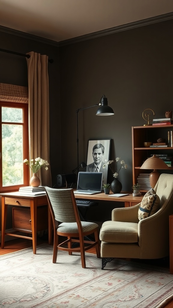 A cozy home office featuring artisan furniture elements such as a wooden desk, a comfortable chair, and decorative accents.