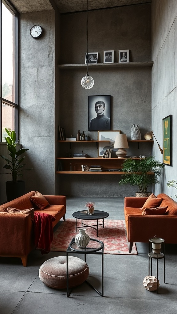 A stylish living room featuring concrete walls, velvet sofas, and artisan touches in decor.