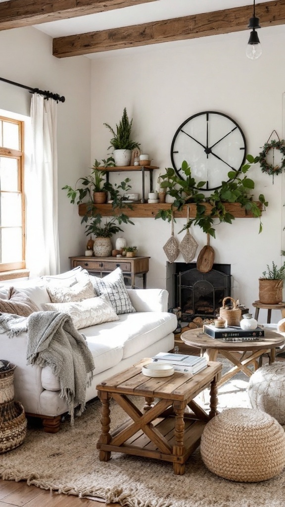 A cozy rustic farmhouse living room featuring artisanal accents like woven baskets, wooden furniture, and unique wall art.
