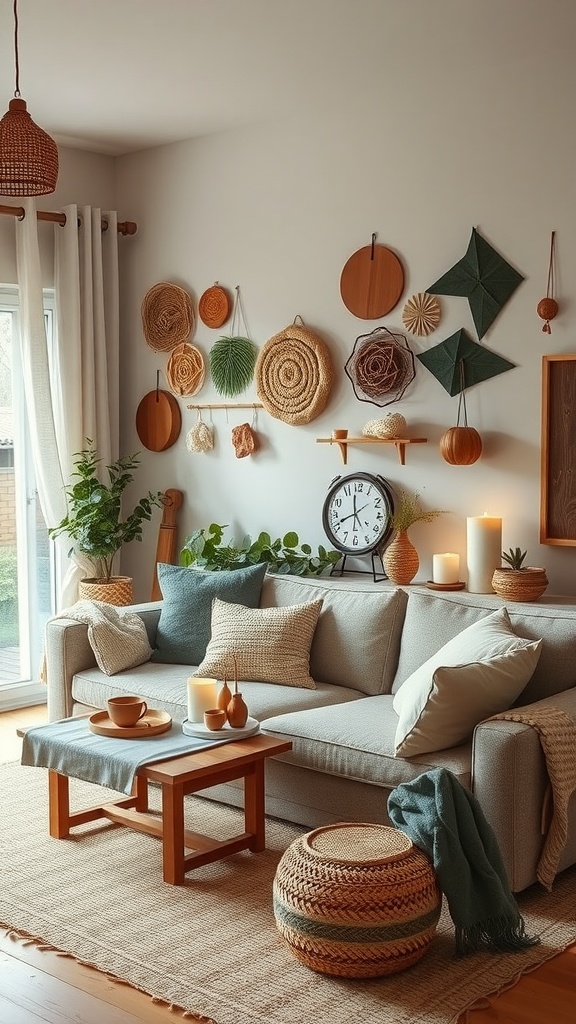 A cozy living room with artisanal handmade accessories, featuring woven wall decor, soft pillows, and natural materials.