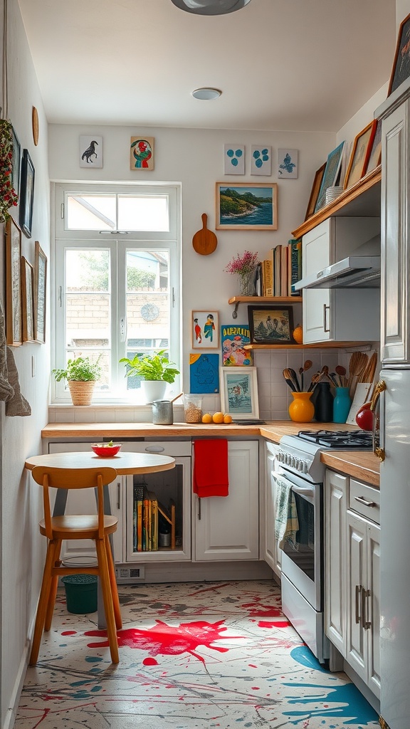 A cozy kitchen nook with colorful floor splashes, framed artwork, and a small dining table by the window.