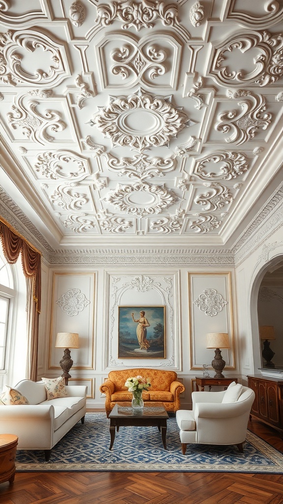 Intricate artistic ceiling design in an opulent living room.