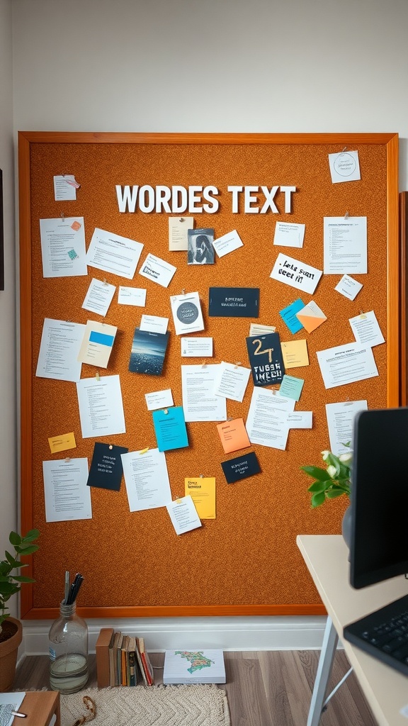 A corkboard filled with notes and reminders in a home office setting.