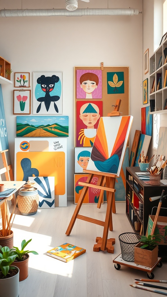 A colorful and artistic home office corner featuring an easel, vibrant artworks on the walls, plants, and organized art supplies.