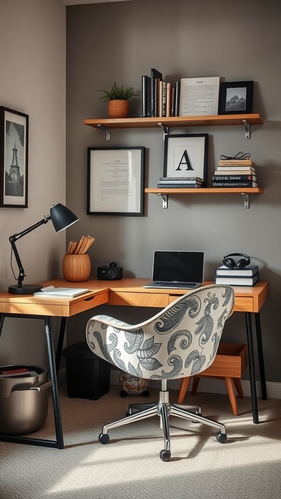 Artistic desk chair with floral pattern in a small home office setup