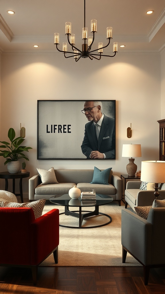 A stylish living room with a large artwork, elegant furniture, and a chandelier illuminating the space.