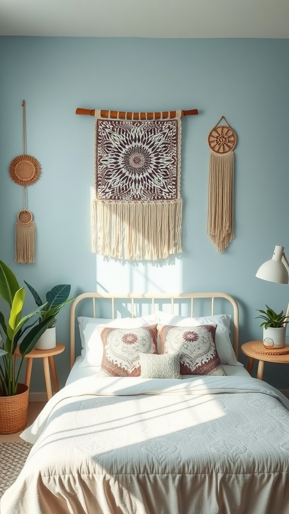 A cozy boho bedroom featuring vibrant artwork, pink walls, and layered textiles.