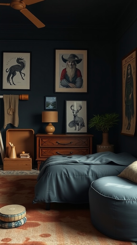 A dark and moody bedroom featuring artistic wall art, wooden furniture, and cozy textiles.