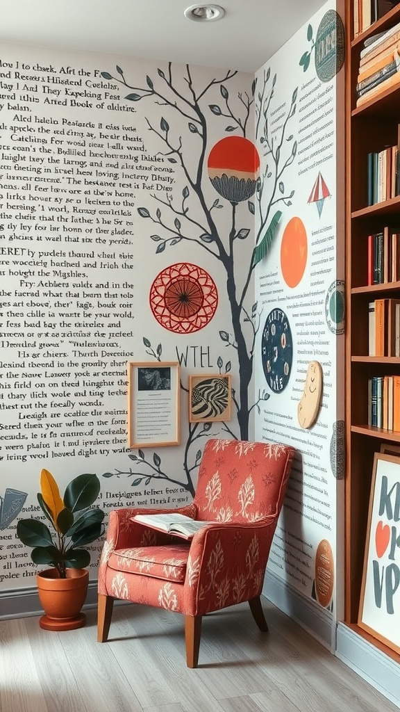 A cozy reading nook with artistic wall murals, featuring a red chair, plants, and book-filled shelves.