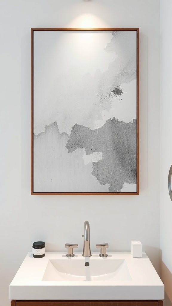 Artistic gray and white abstract wall art above a modern bathroom sink